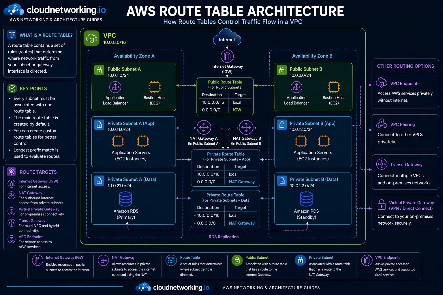 AWS Route Tables Architecture Diagram showing a VPC with public and private subnets across Availability Zone A and Availability Zone B, public route table, private route tables, Internet Gateway, NAT Gateway A and NAT Gateway B, local routes, route targets, and private routing options such as VPC endpoints, peering, transit gateway, and VPN