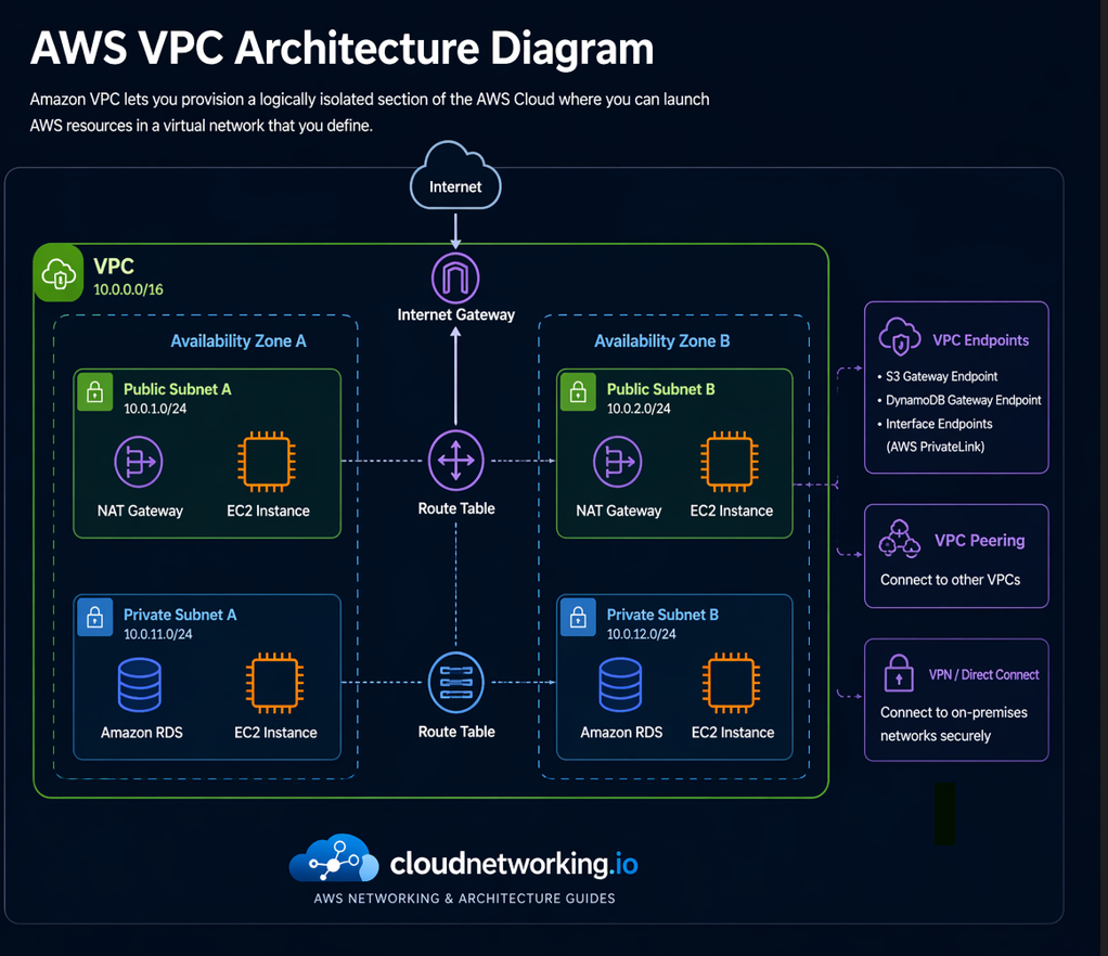 AWS VPC Architecture Diagram showing a VPC with public and private subnets across two Availability Zones, Internet Gateway, NAT Gateway, route tables, VPC endpoints, VPC peering, and VPN or Direct Connect style connectivity
